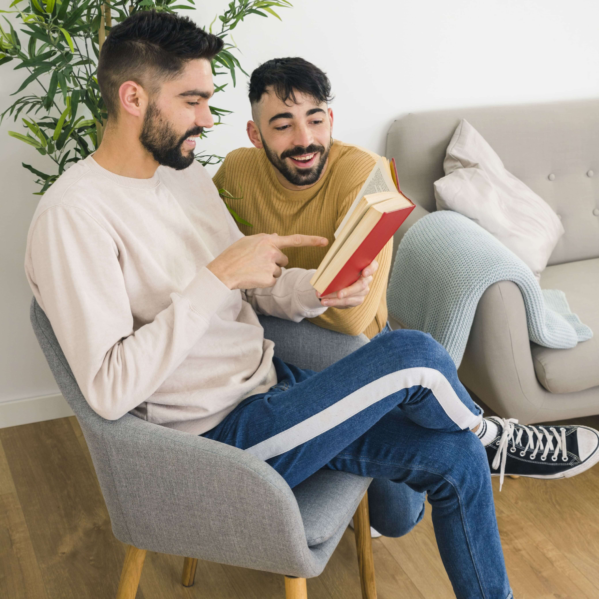 man-sitting-chair-showing-something-book-his-boyfriend man-sitting-chair-showing-something-book-his-boyfriend